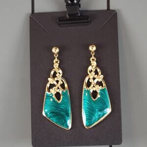 Vintage Gold Green Enamel Dangle Earrings Filigree Drop Jewelry